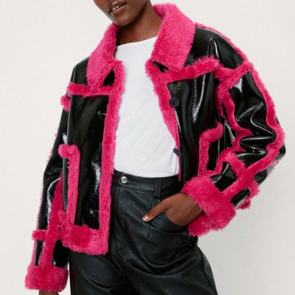 NWT Nasty Gal Vinyl Faux Fur Trimmed Jacket